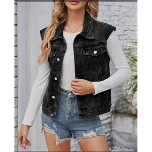 Forever 21 Women's Black Oversized Denim Jacket-Vest. Size M